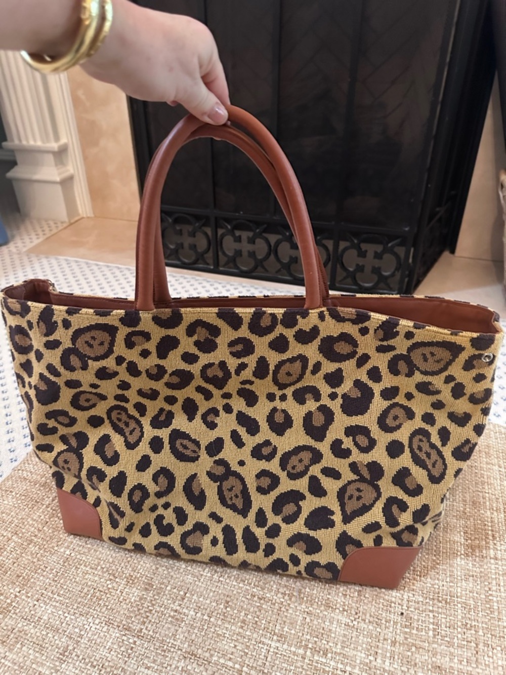 Leopard Print Needlepoint Leather Tote Bag By Stubbs & Woodson Palm Beach